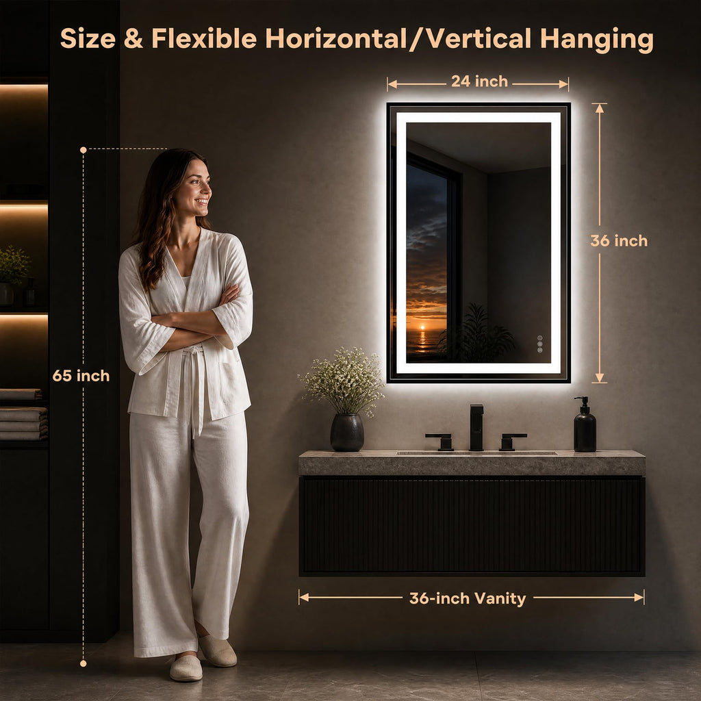 24X36 LED Bathroom Mirror with Lights, Vanity Mirror for Wall with Black Frame, Touch Control, Anti-Fog, Dimmable