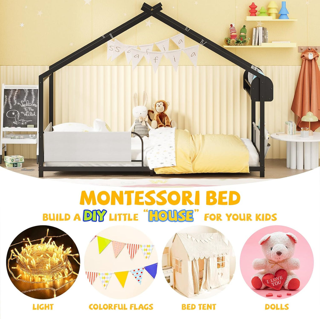 Twin Size House Bed with Storage Rack and Caddy | Montessori House Shape Bed Metal Floor Bedframe for Kids No Box