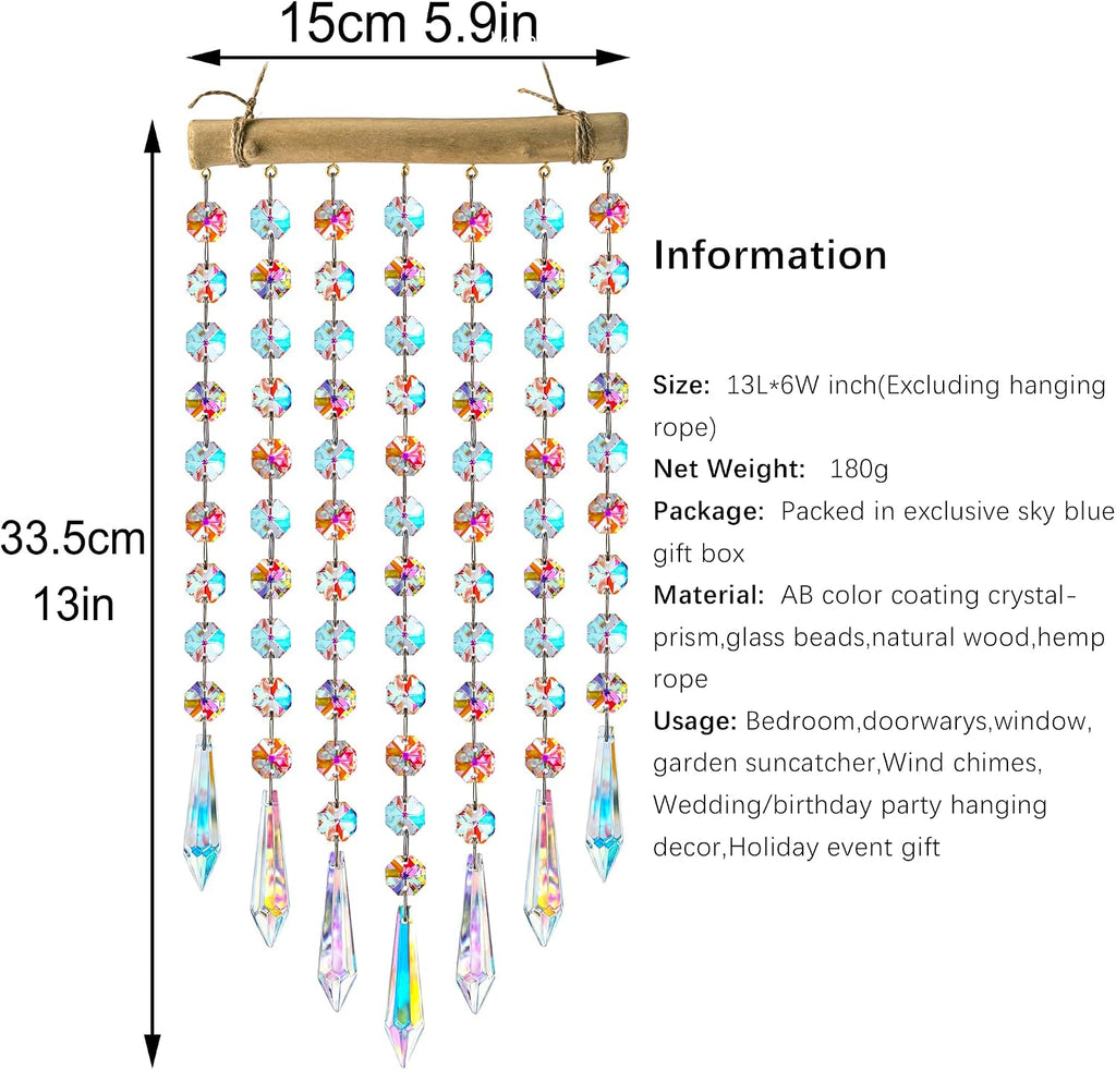 13 Inch Crystal Wind Chime, Hanging Prism Suncatcher Decor - Crystal Wind Chime with Colorful Glass Bead Chain