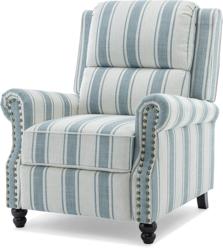 Wingback Pushback Recliner Chairs Set of 2, Blue Stripe | Comfy Fabric Armchair with Adjustable Back & Footrest