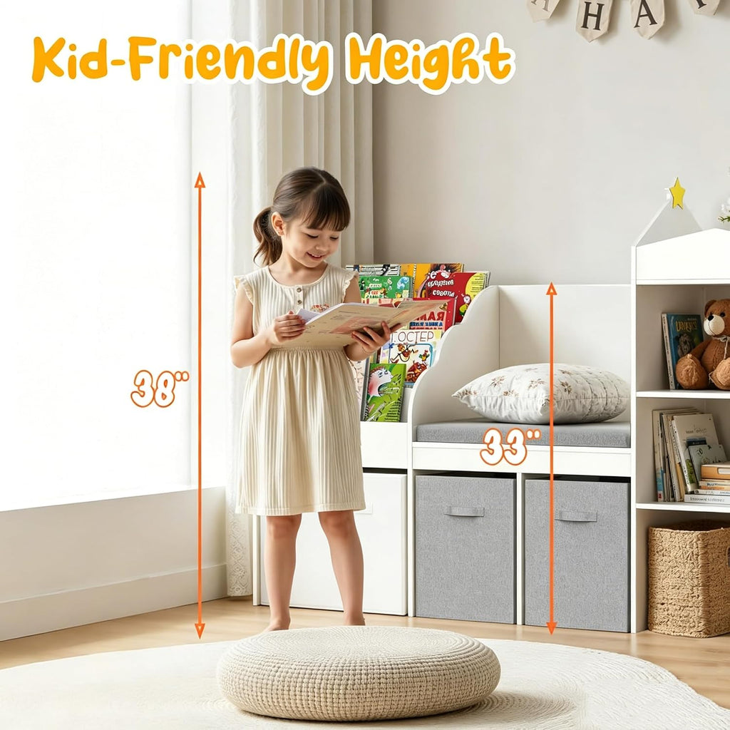 Kids Bookshelf with Reading Nook & Toy Storage, 4 Cube Bookcase with 4-Tier Book Racks, 3 Movable Fabric Drawers and