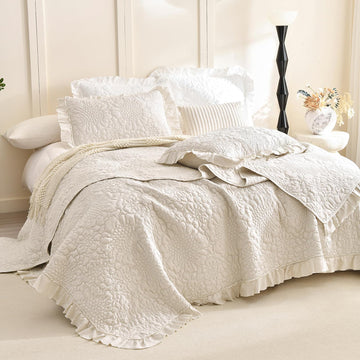 Wheat Quilt Sets, Stone-Washed Lightweight Ruffle Coverlet, 3Pcs Quilted Crinkled Shabby Bedspread Set