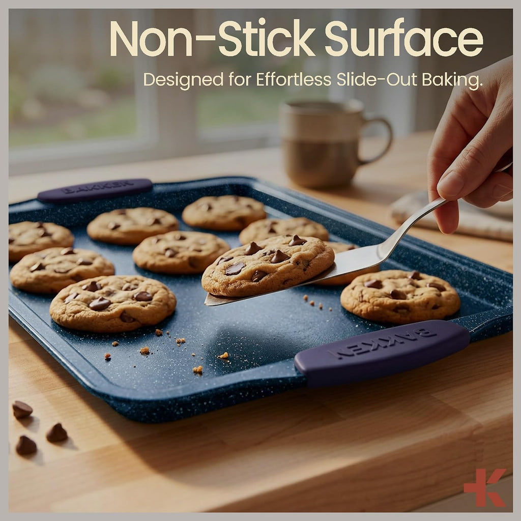 Kitchen Pan Set - Nonstick Coating, Carbon Steel Bakeware Sets with Blue Silicone Handles, Kitchen Essentials, PFOA
