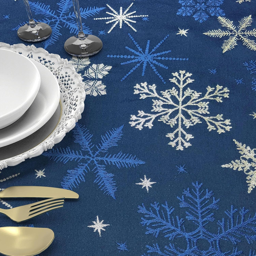 Holiday Blue Snowflakes Metallic Jacquard Woven Tablecloth (60" x 120" Rectangle)