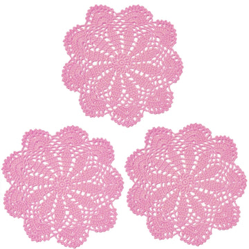3 PCS 8 Inch Lace Doilies Tea Cup Coasters Handmade Crochet Daisy Flower Placemats (Pink)