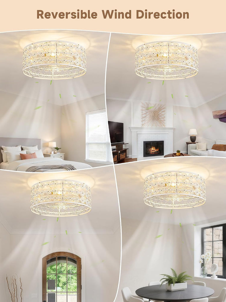 White Caged Ceiling Fan with Light and Remote, Modern Romantic Flower Crystal Ceiling Fans with Lights