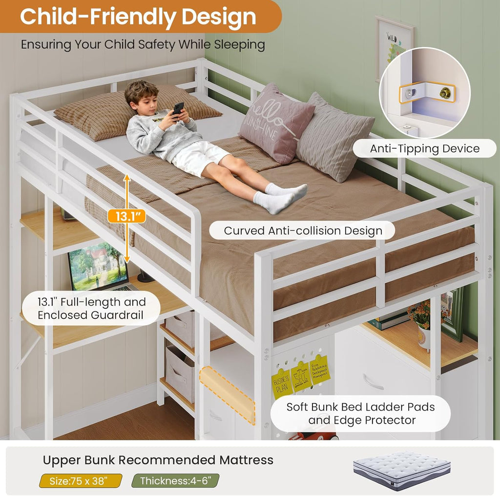 Twin Loft Bed with 6 Storage Drawers,Coat Rack and Open Shelves Metal Twin Loft Bed with Desk,Charging Station and LED