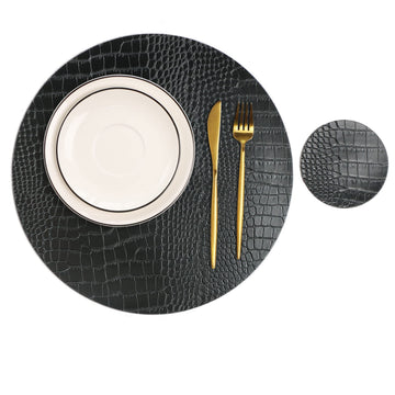 Round Leather Placemats for Round Tables Set of 4, Black Place Mats and Coasters, Washable Easy to Care for Indoor