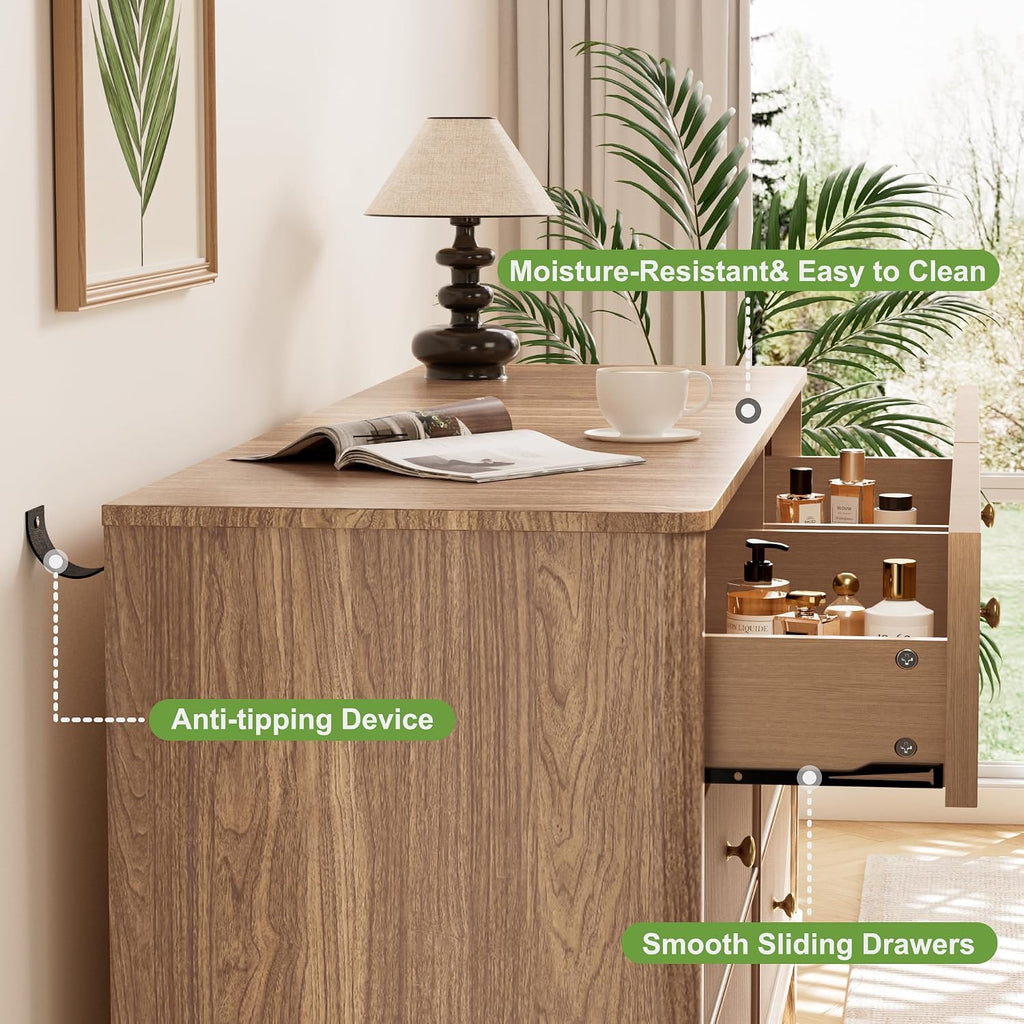 Fluted 6 Drawers Dresser, 54" Wide Modern Chest of Drawers with Round Corners, Wooden Dresser TV Stand, Wood Drawer