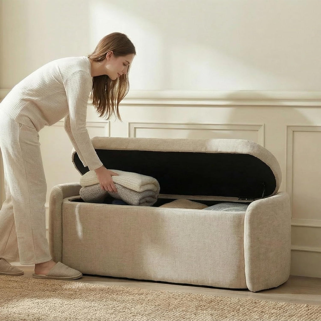 Storage Bench, Upholstered Storage Ottoman Bench with Hinge, Khaki | Ottoman Bench with Large Capacity, Curved Frame