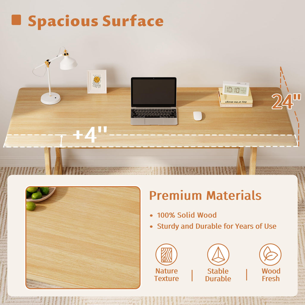Solid Wood Writing Table - 72" W Minimalist Long Computer Desk, Oak