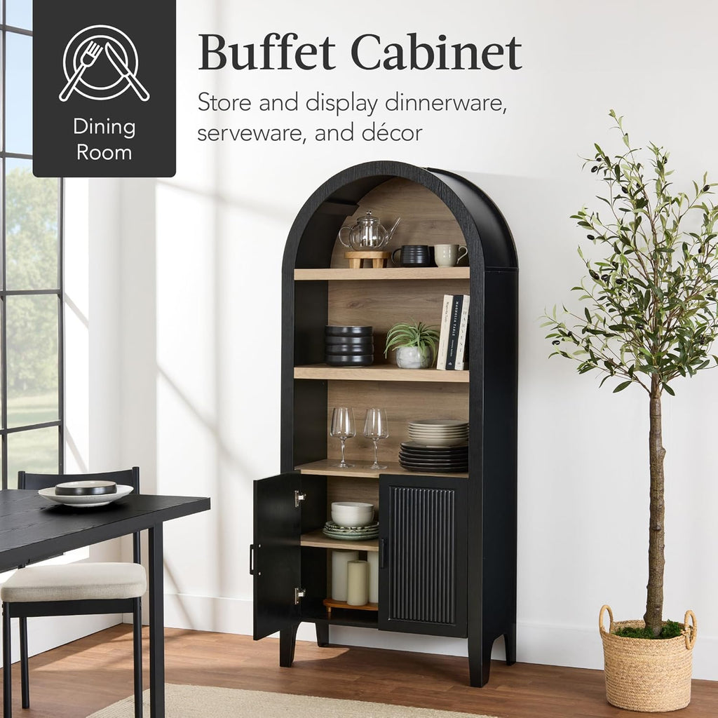 72" Tall Arched Pantry Cabinet w/Reeded Doors, 5-Tier Bookshelf, Armoire, Hutch, Bookcase