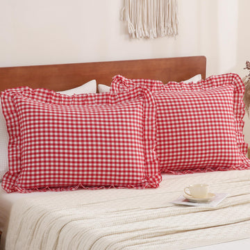 Cotton Red Gingham Ruffle Standard Pillow Cases Linen Like, 20x26