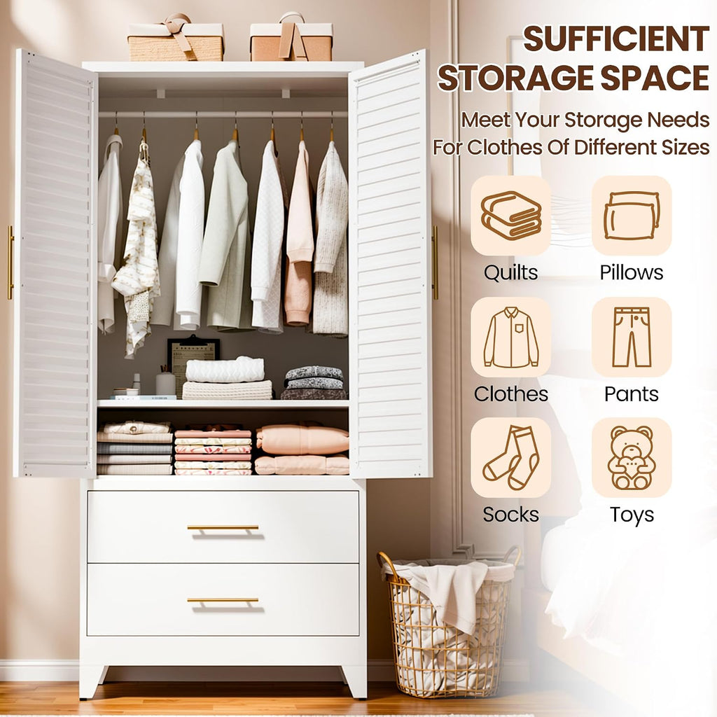Metal Armoire Wardrobe Closet, 71" Clothing Storage Cabinets with Adjustable Hanging Rod and Shelves , Louvered