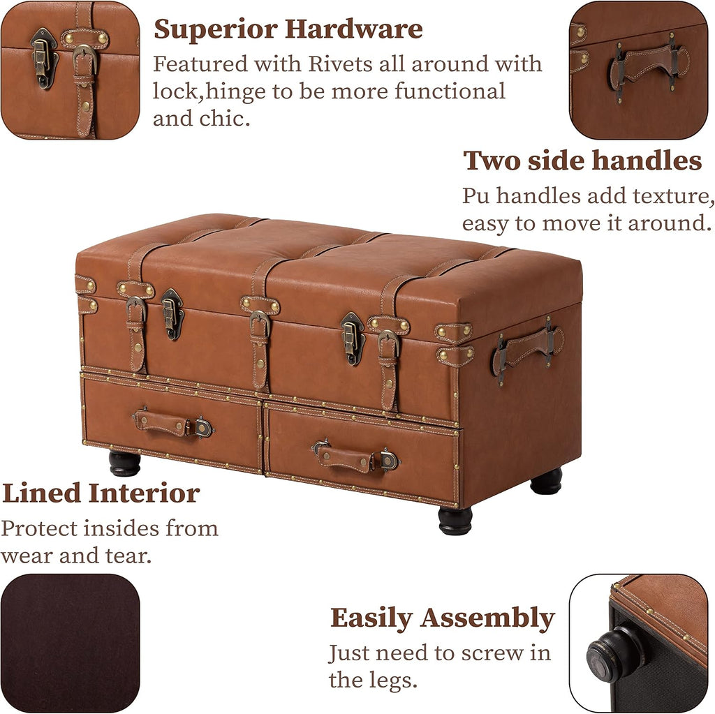 Vintage Treasure Chest Bench with Latch Closure and Buckle Trunk , Farmhouse Faux Leather Storage Ottoman Bench