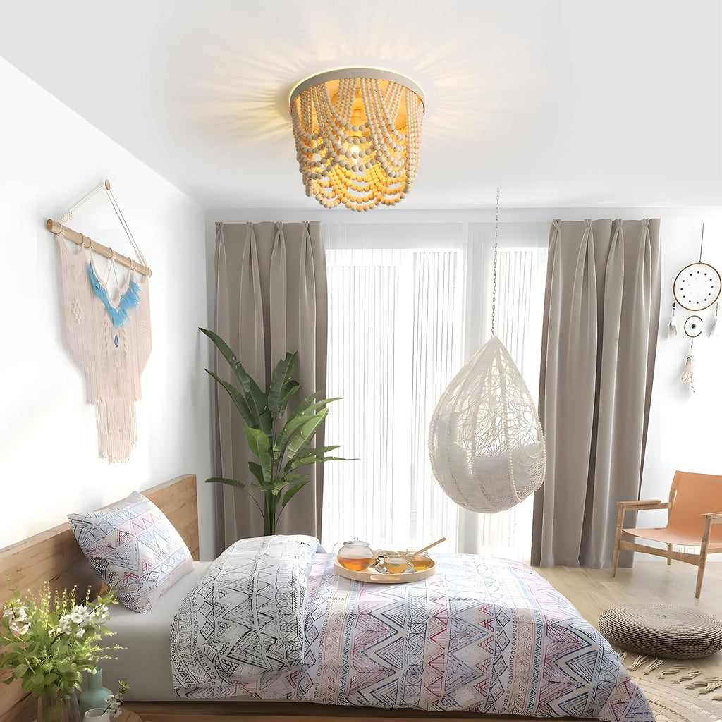 RyalQ Boho Ceiling Light 3 Light Wood Beaded Chandelier