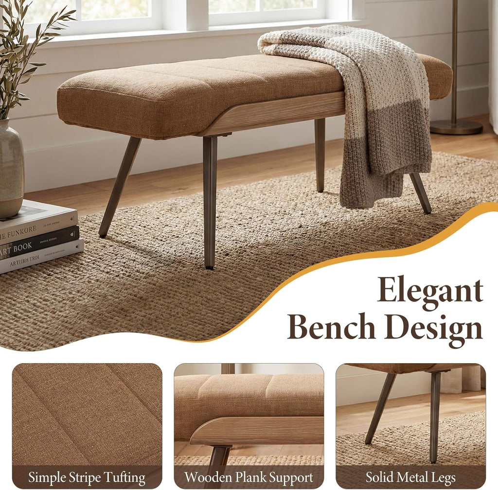 Mid-Century Modern Upholstered Bench, Channel Tufted Ottoman Bench with Solid Wood Trim and Bronze Metal Legs, 35.5"
