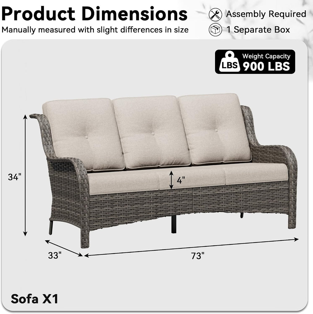 3 Seat Outdoor Couch, Wicker Patio Sofa with Thickened Olefin Cushions, High Back and Deep Seating, Hand-Woven PE