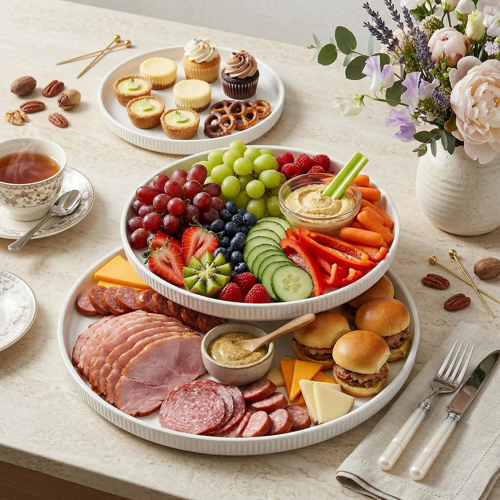 Round Serving Platters 3-Pack (12.8"/10.8"/8.8") - White Porcelain Serving Trays for Veggie, Fruit, Cheese, Snack