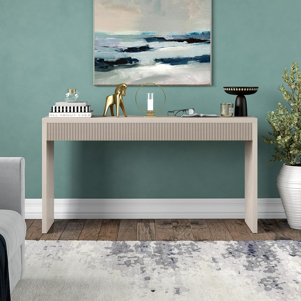 55" Rectangular Fluted Console Table, Ribbed Entryway Table, Sofa Table , Couch, Hallway, or Office, Beech White