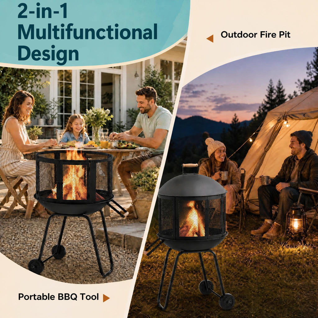28" Outdoor Fire Pit with Lockable Doors, Fire Poker & Wheels