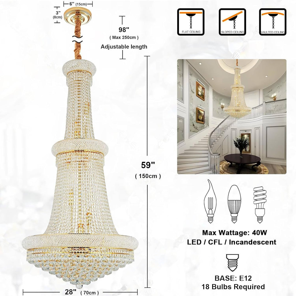 18-Lights 3 Layers Large Golden Classic Empire Style K9 Crystal Ball Chandelier Decorative Light Fixture for High Ceiling Living Room Foyer Stair Entryway (D27.6 * H59 inches)