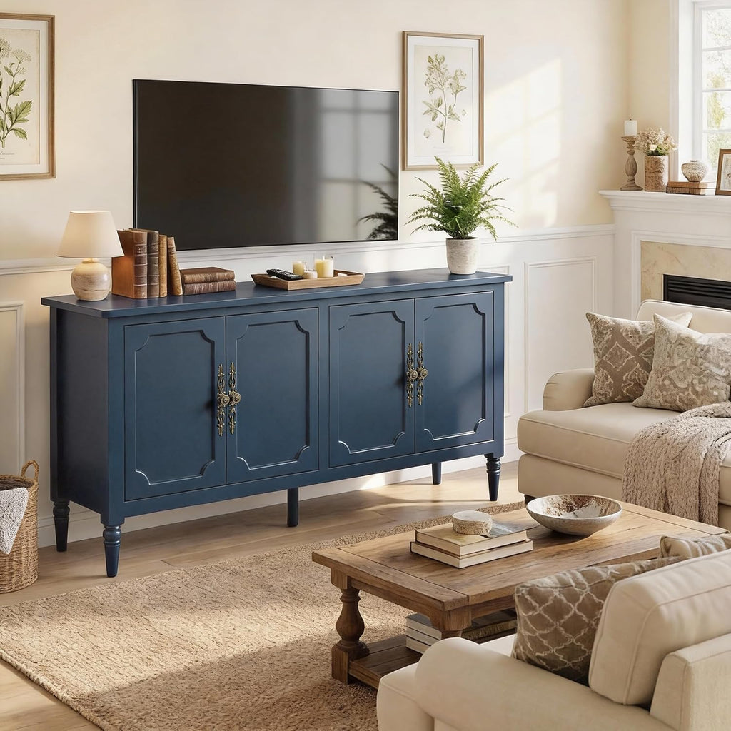 59" Buffet Cabinet with Storage, Vintage Sideboard with Adjustable Shelves & Carved Handle