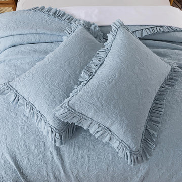 Standard Size Quilted Pillow Shams Cotton Set of 2 Dusty Blue Farmhouse Ruffled Edge Decorative Pillow Covers