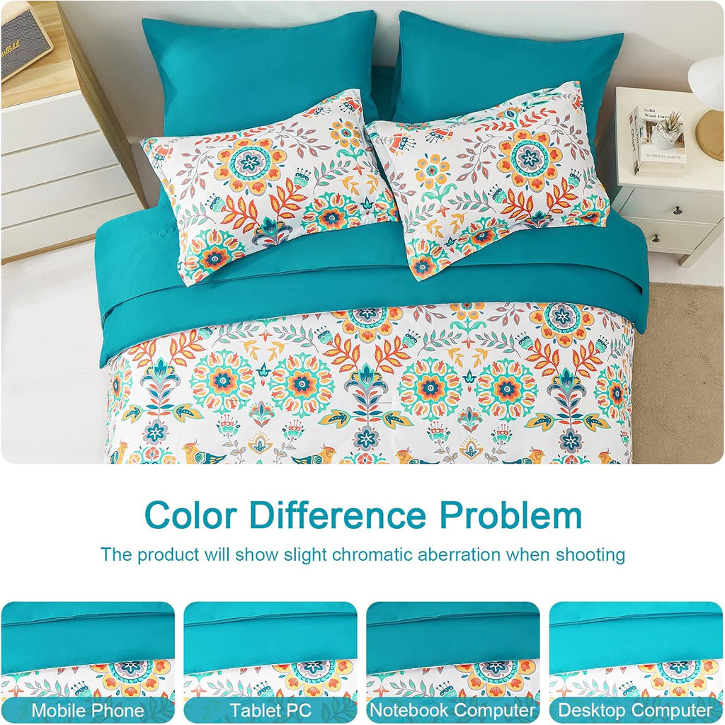 Boho Comforter Set - 7 Pieces Bed in a Bag Floral Medallions Design, Bohemian Comforter Set with Sheets