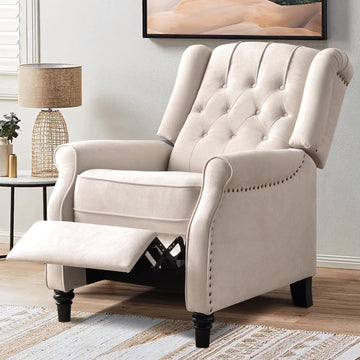 Push Back Recliner Chair, Mid Century Modern Wingback Chair, Comfy Armchair Fabric Living Room Chairs with Rivet