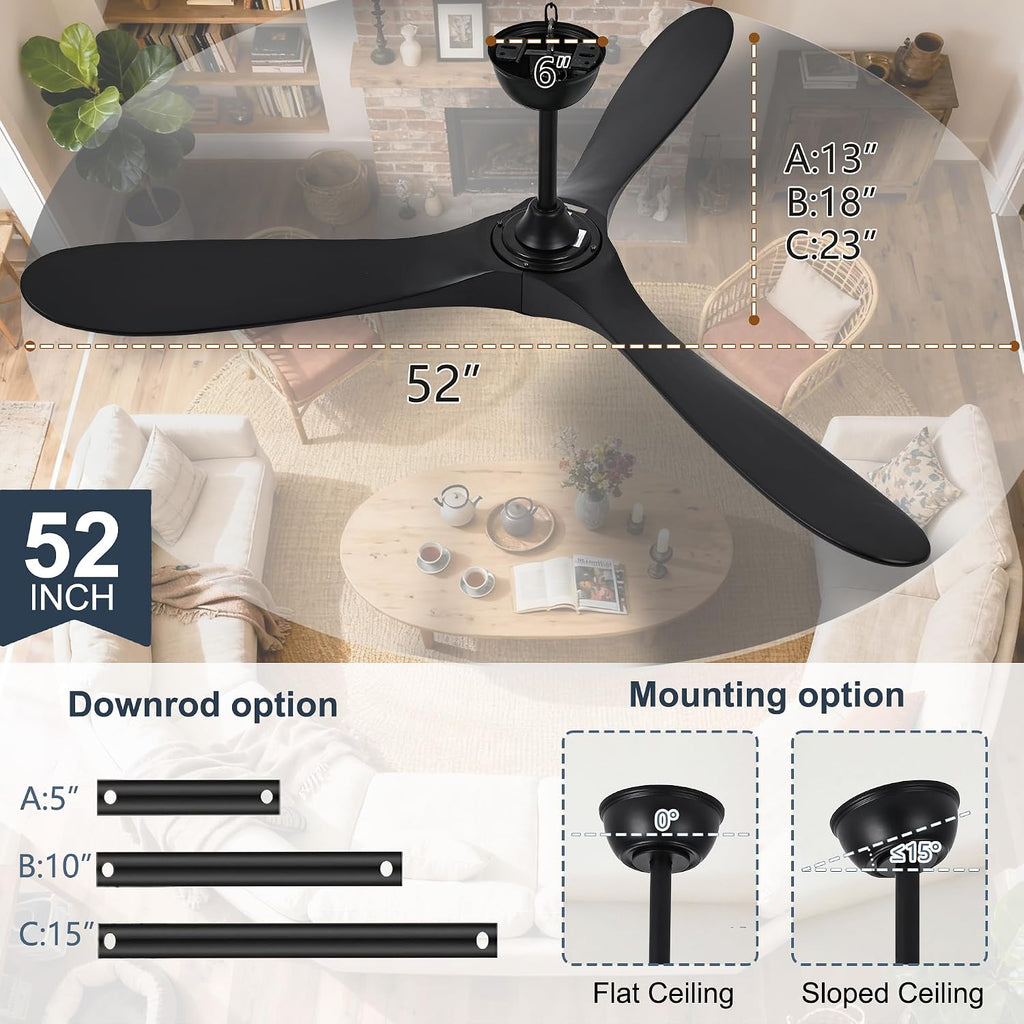 Inspired Maverick Style Solid Wood Black Ceiling Fan Without Light, 52 inch Walnut Ceiling Fan with 3 Wood Blades 6 Speeds Smart Timing Reversible DC Motor, Modern Fan for Indoor Outdoor Farmhouse/Patios