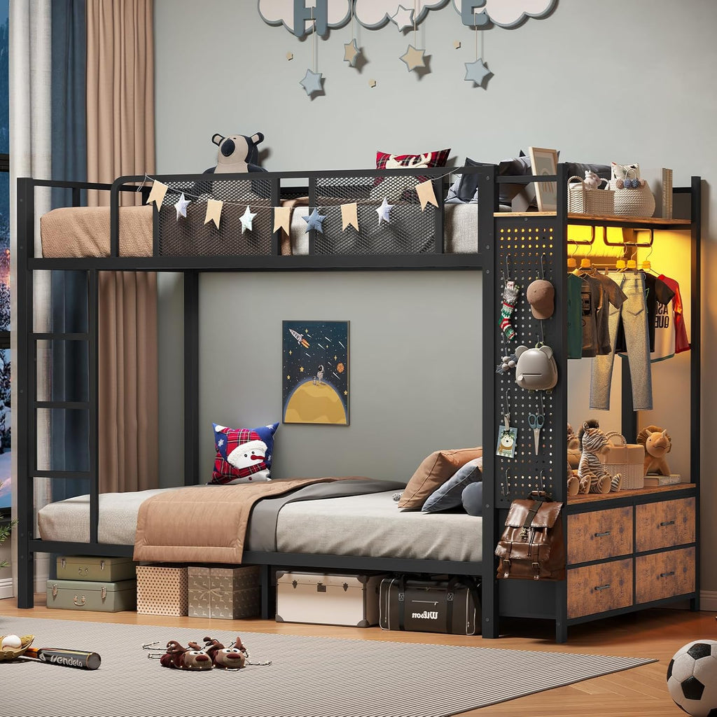 Metal Bunk Bed Twin Over Twin with Hall Tree, Power Outlet, LED Bunk Bed with 4 Storage Drawers
