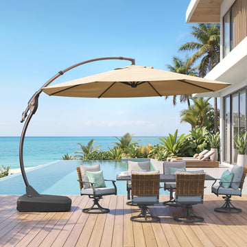 12 FT Sunbrella Cantilever Umbrella with Base Outdoor Aluminum Offset Umbrella with Tilt Adjustment (Flax