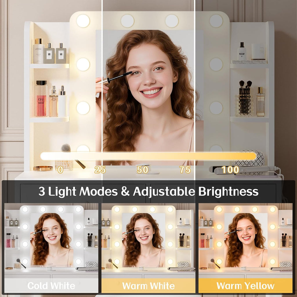 Makeup Vanity Desk with Lighted Mirror and Chair Set, White | 10 LED Light Bulbs, 3 Lighting Modes, Built-in Power