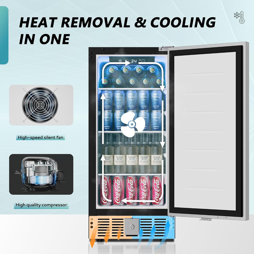 Beverage Refrigerator 15 Inch, Under Counter 127 Can Beverage Fridge with Stainless Steel Door, Beverage Cooler Built