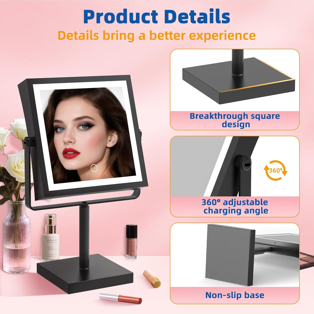 Makeup Mirror with Lights, 4000mAh Rechargeable Magnifying Mirror with Light, 1X/7X, Height Adjustable