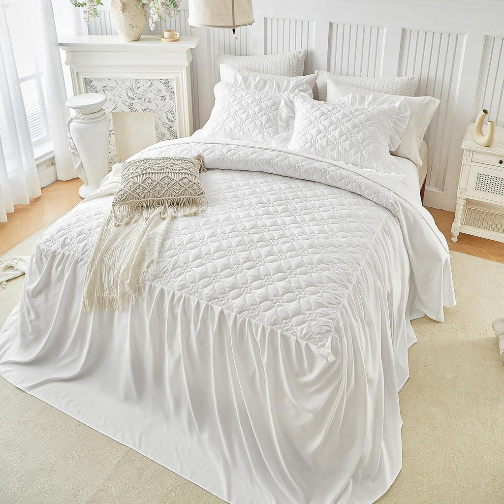 Ruffle Skirt Bedspread Set Flower Style - 30" Long Drop - Vintage Chic Ruffled Summer Bed Spreads Quilt Coverlet Boho