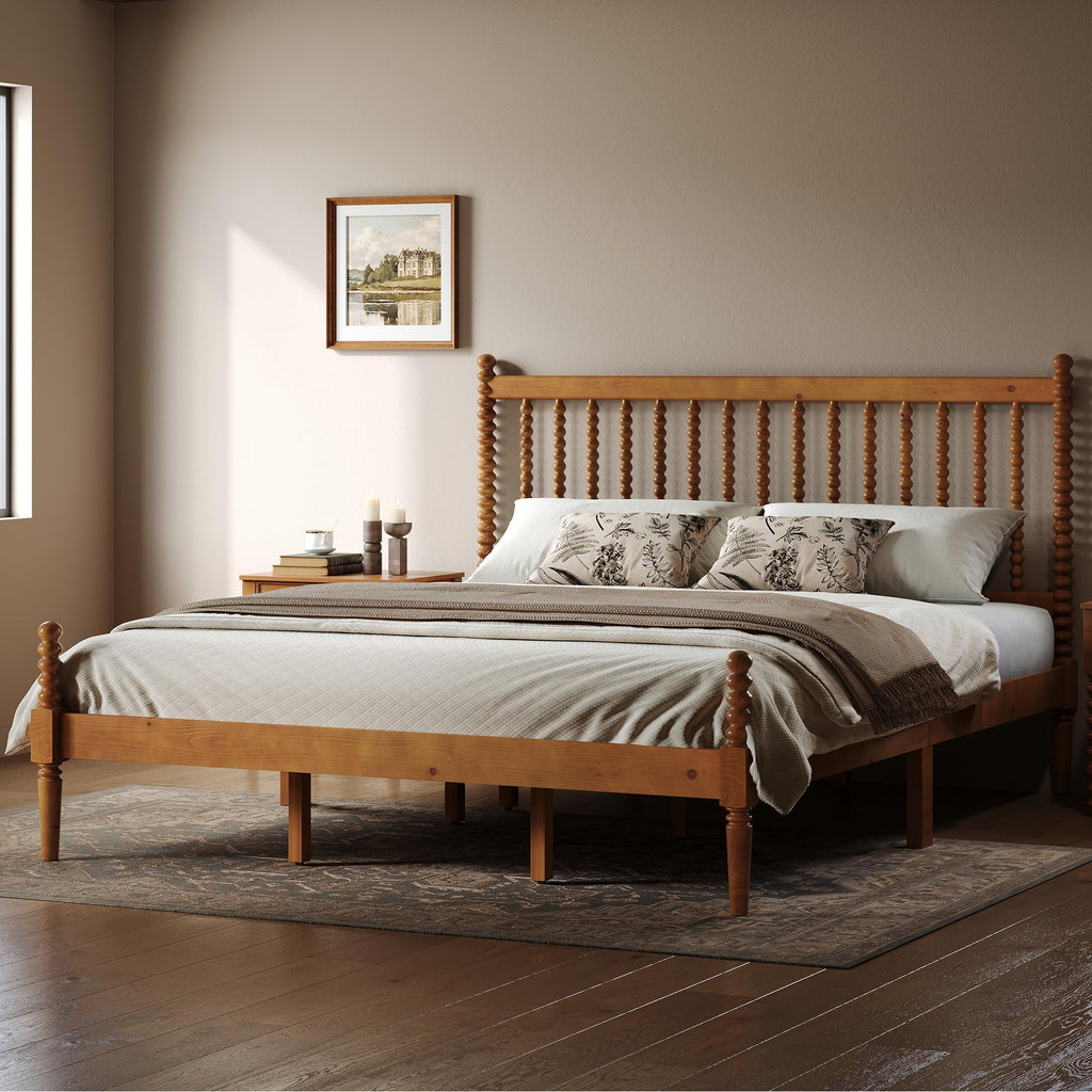 Solid Wood Bed Frame, Spindle Headboard, King Size Honey Brown