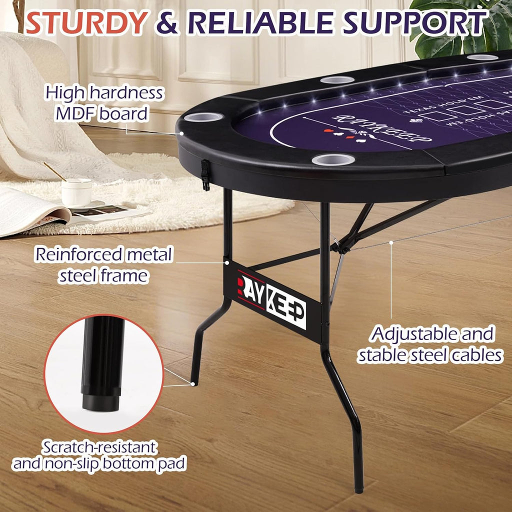 71" LED Poker Table - 8 Player Foldable Texas Hold'em Table with Built-in LED Lights, Padded Rails & 8 Cup Holders