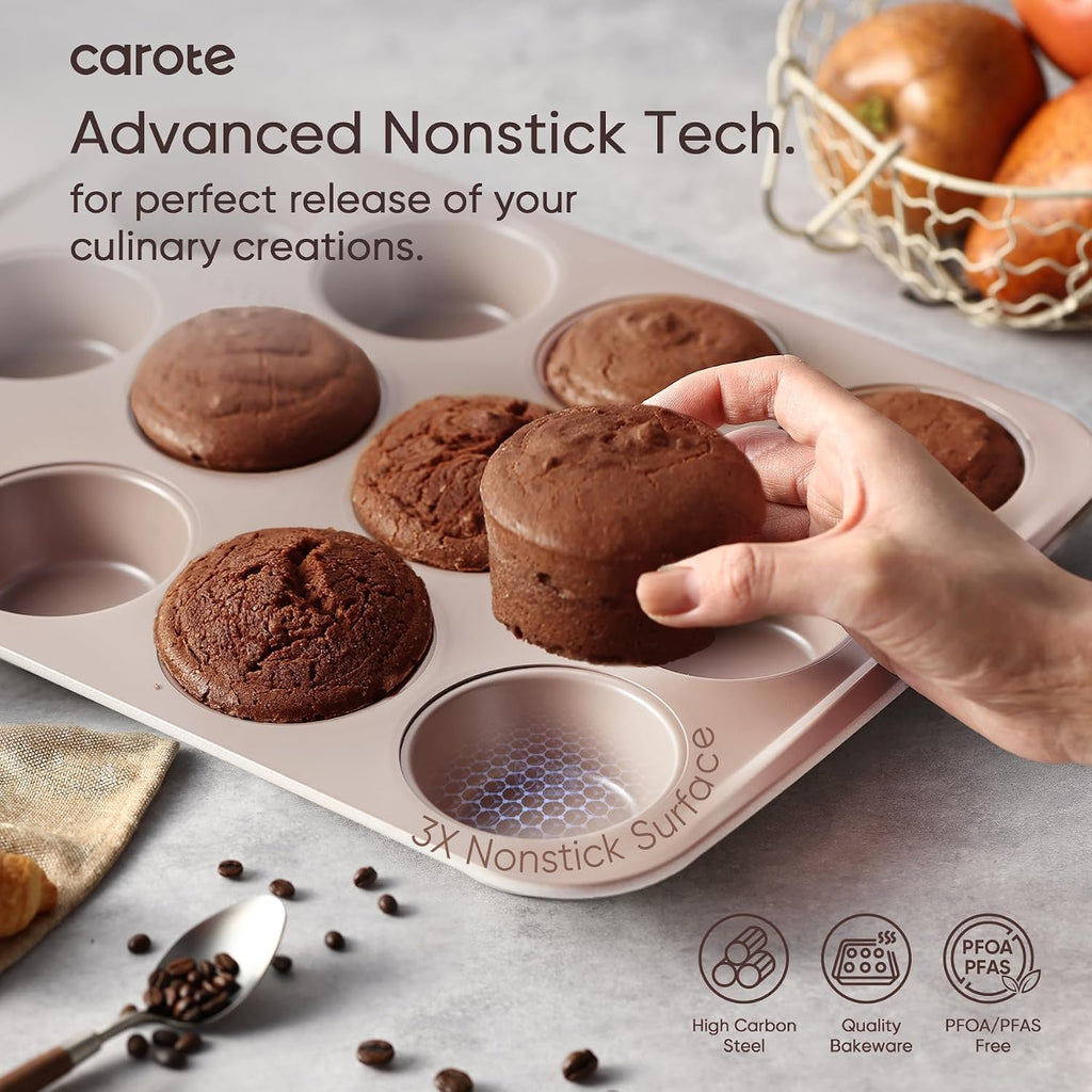 7-Piece Pans Set, Nonstick Bakeware Sets, Gray & Khaki | Cookie Sheets, Muffin, Bread, Cake, Loaf, Roasting Pan