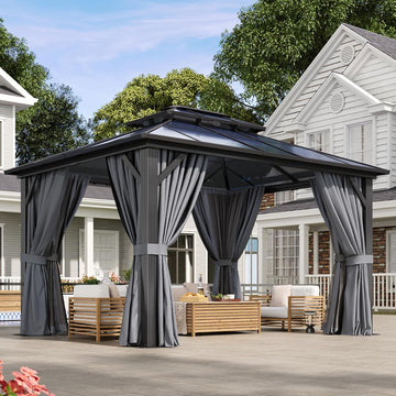 10'x12' Hardtop Gazebo, Metal Frame Permanent Pavilion with Curtains and Netting