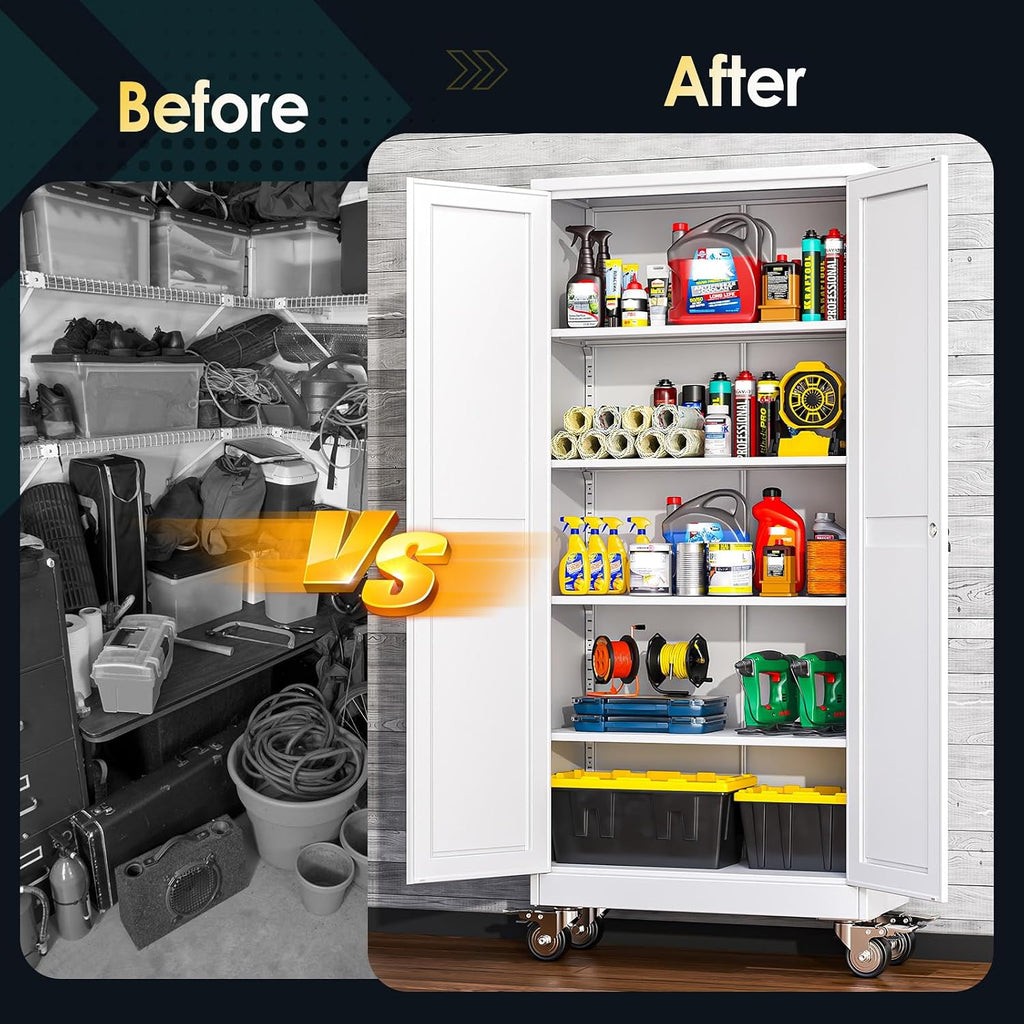 71''H Tall Metal Garage Storage Cabinet with Wheels,Steel File Cabinets with 2 Doors and 4 Adjustable Shelves