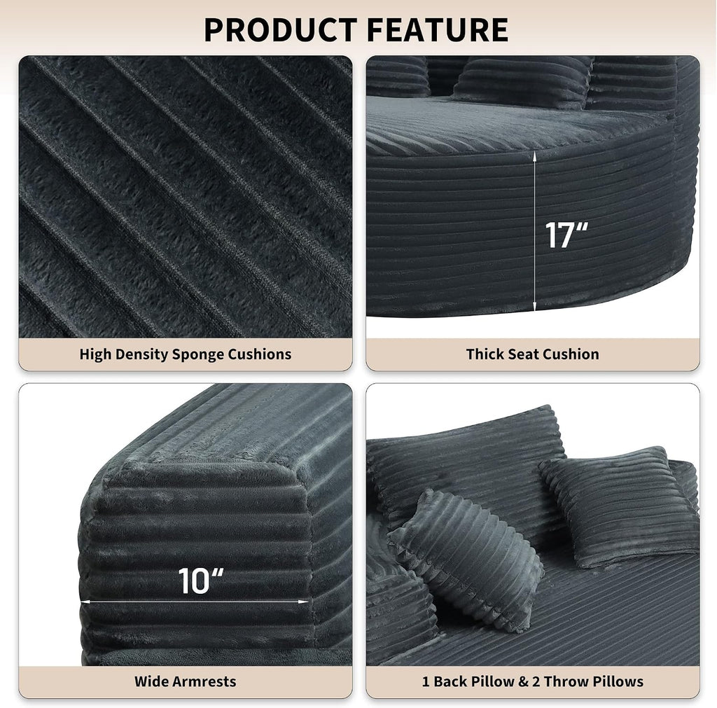 55'' Oversized Round Chaise Lounge Chair Indoor, Upholstered Corduroy Cloud Circle Chair with 3 Pillows, Deep Seat
