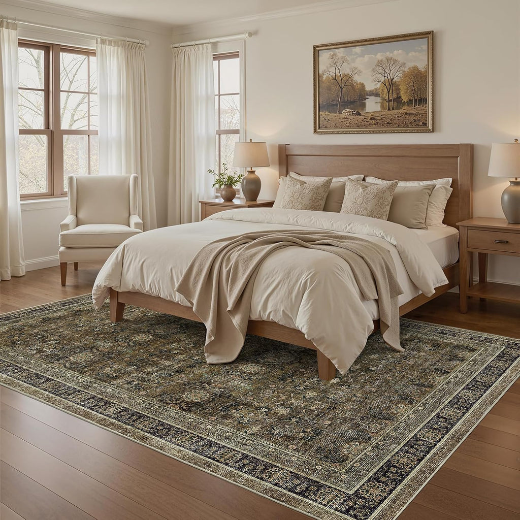 Area Rugs 10x14 Washable Vintage Brown/Olive Green/Purple