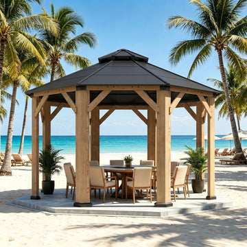 13' x 13' Outdoor Wood Octagon Gazebo, Hardtop Gazebo Permanent Wooden Pavilion with Galvanized Steel Double Roof
