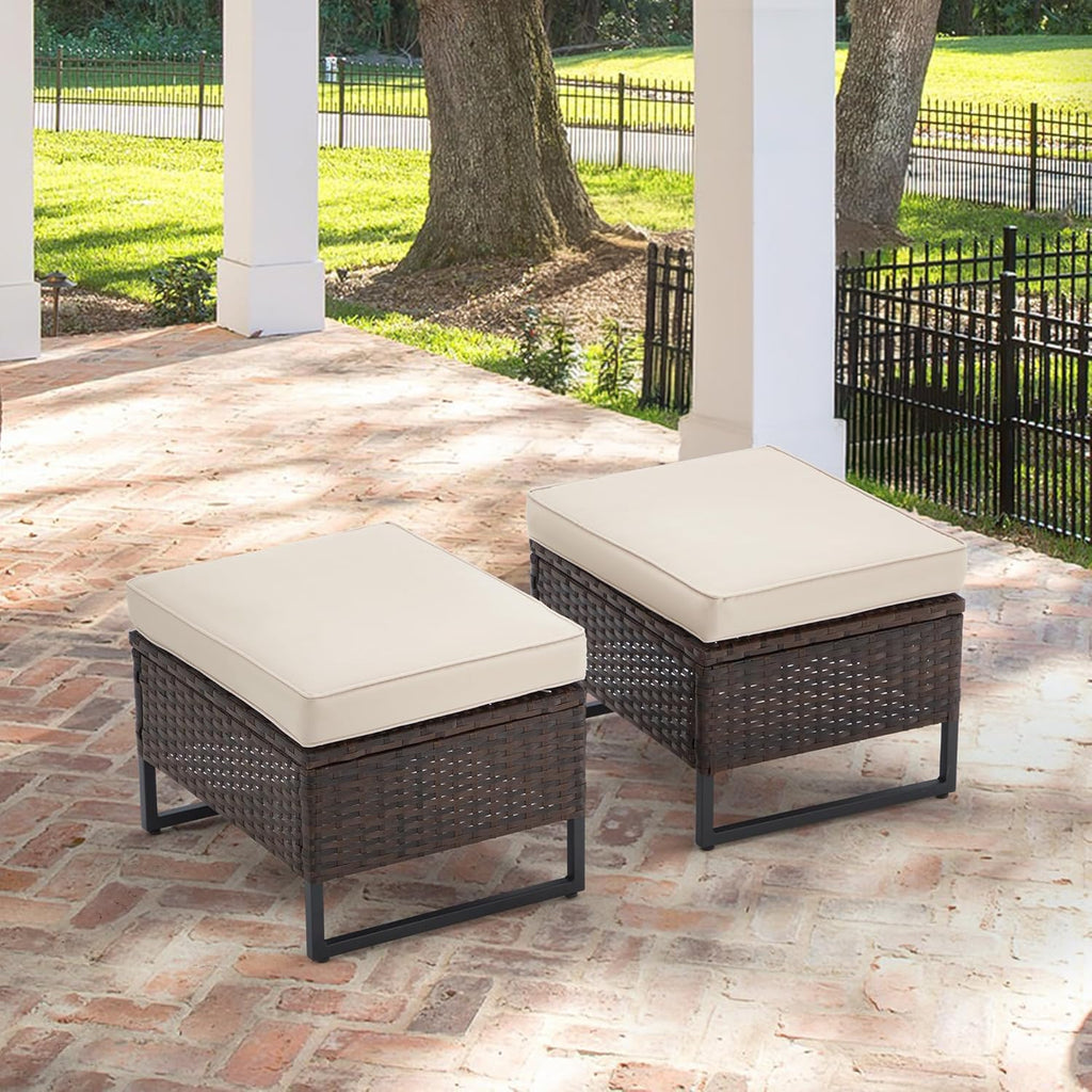 Outdoor Wide Wicker Ottomans Set of 2, All-Weather Rattan Ottoman Seat for Garden, Backyard and Balcony, Patio
