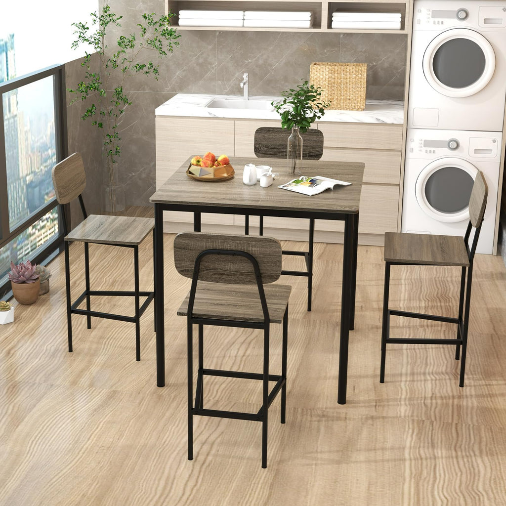 5-Piece Dining Table Set W/Counter Height Table & 4 Bar Stools, Modern Kitchen Dining Set W/Footrest & Backrest