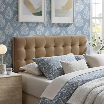 Lily Performance Velvet Queen Headboard with Biscuit Tufting in Taupe - Stain-Resistant Upholstery with Padded Design