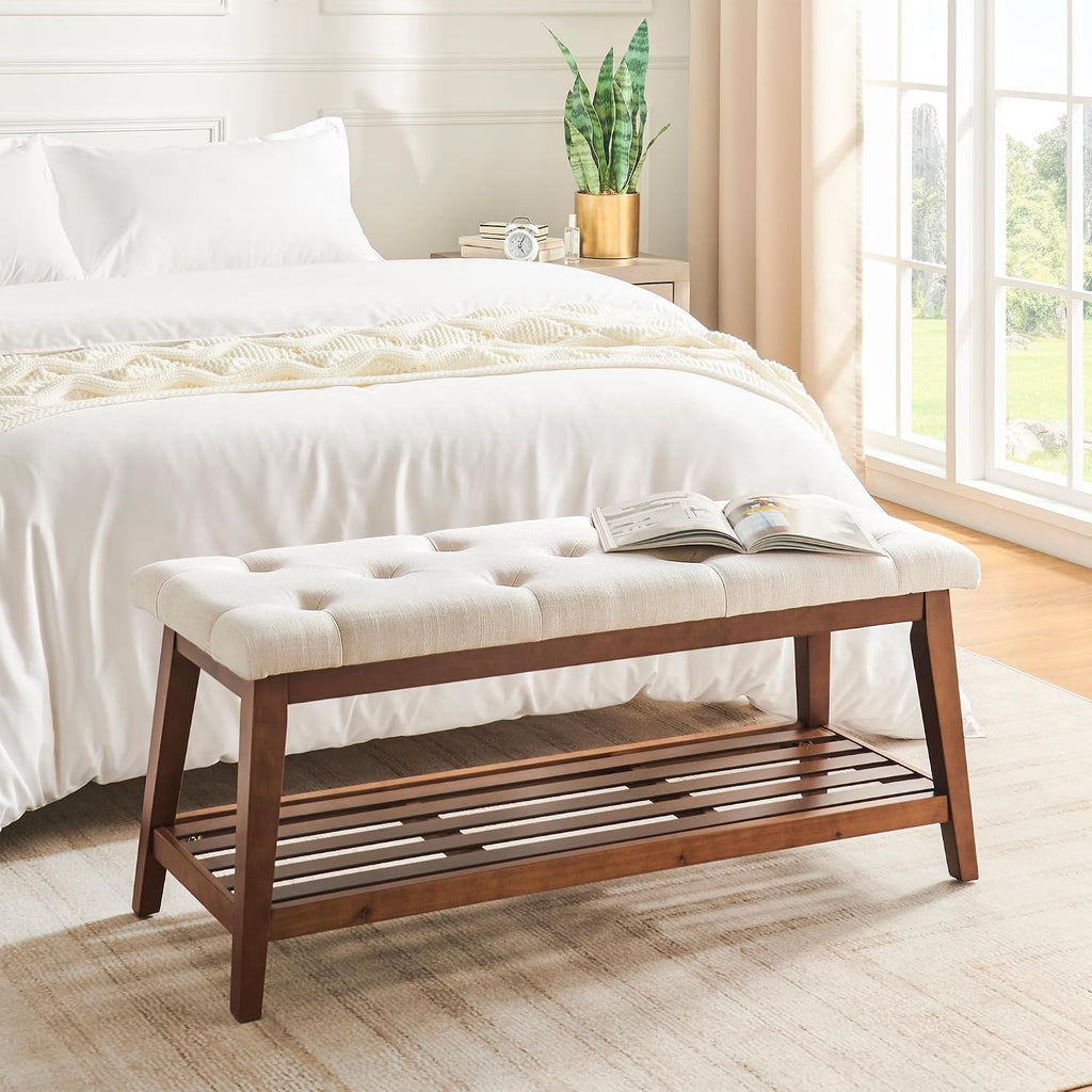 Kinkinmars Entryway Bench with Shoe Rack, 42.5" Bedroom Bench, Beige | 42.5-inch upholstered bench with built-in shoe