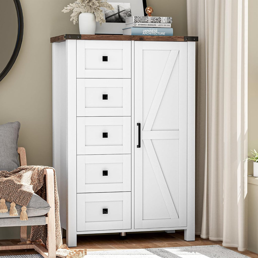 Farmhouse Dresser Storage Cabinet Chest of Drawer , 5 Drawer Dresser with Barn Door, 48 Inch Tall White Wood Dresser
